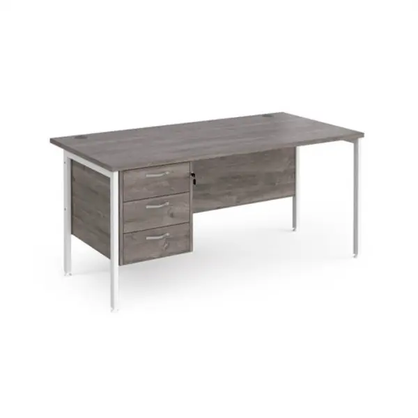 Image of Maestro 25 straight desk 1600mm x 800mm with 3 drawer pedestal - white H-frame leg, grey oak top