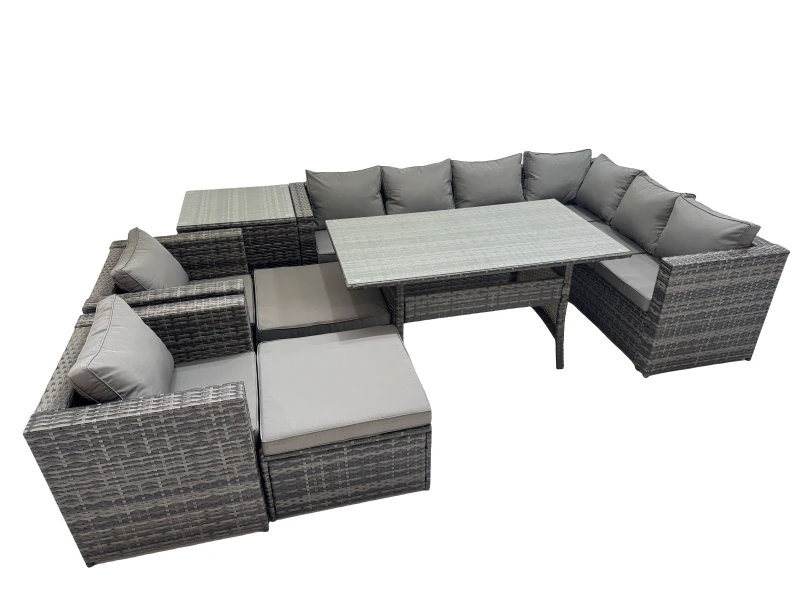 Image of Fimous Rattan Garden Furniture Set Outdoor 10 Seater Patio Corner Sofa Sets With Table 2 Chairs 2 Big Stools Side Table Dark Grey
