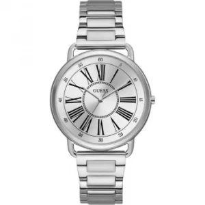 GUESS Ladies silver watch with silver roman numeral dial.