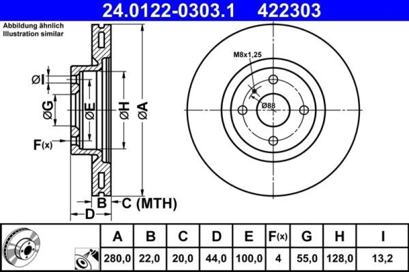 Image of ATE 24.0122-0303.1 Brake disc Vented, Coated, Alloyed/High-carbon Brake Disc (82)