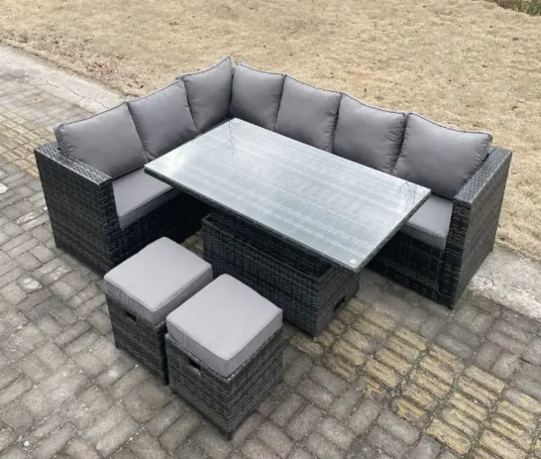 Image of Fimous 6 Seater Outdoor Dark Grey Rattan Lounge Complete Sofa Set with Adjustable Dining Table and 2 Stools