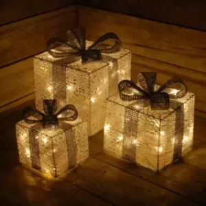 Image of Set Of 3 White Lit Cotton Parcels, 60 Warm White LED's + Diamante Bow