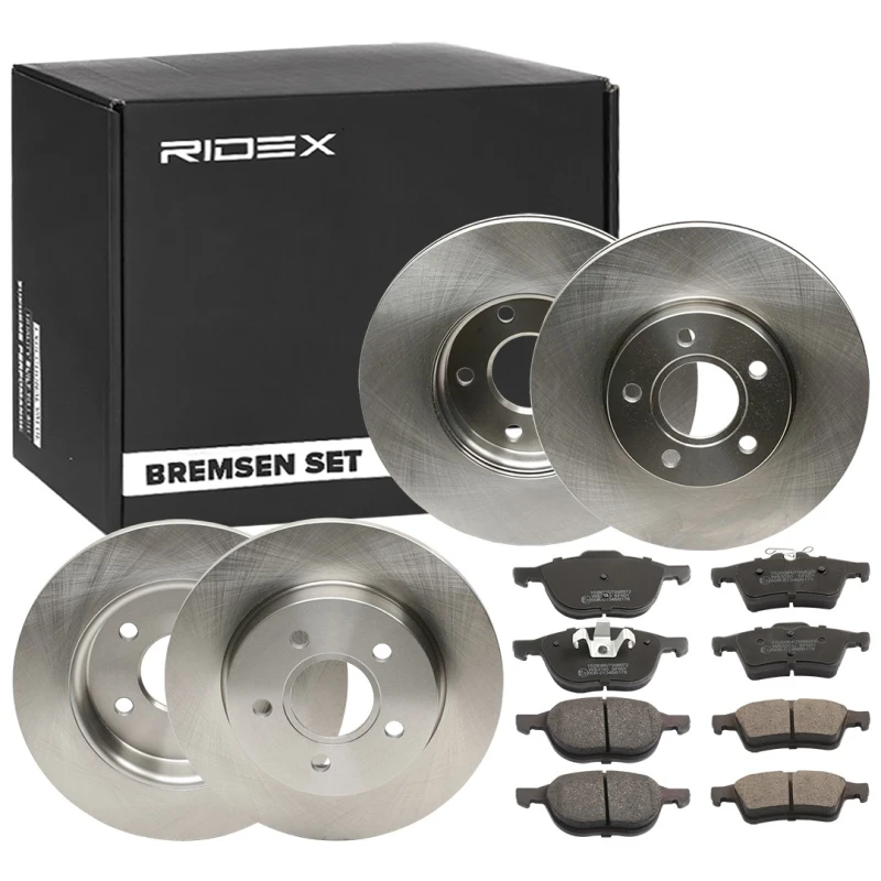 Image of RIDEX 3405B0354 Brake disc and pads set Front Axle, Brake Disc Type: Solid, excl. wear warning contact Brake Set,disc brakes (3405)