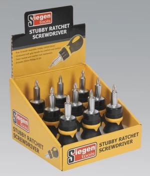 image of Sealey S0936 Screwdriver Ratchet Stubby Display Box of 9