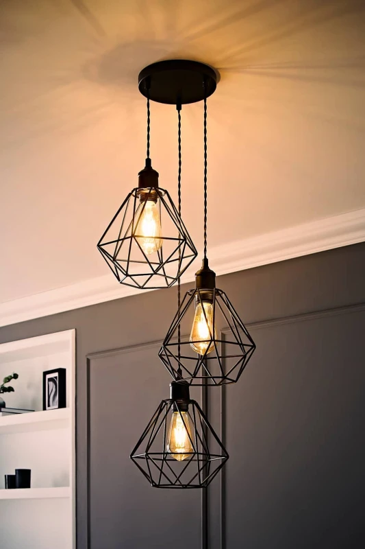 Image of ValueLights ValueLights Diablo Geometric 3 Drop Cluster Matte Black Ceiling Pendant Light with Bulbs Black One Size Unisex 5059406063572