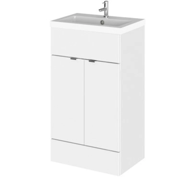 Image of Hudson Reed Fusion Floor Standing 2 Door Vanity Unit & Polymarble Basin, Stylish Vanity Unit With Basin, Gloss White, 500mm