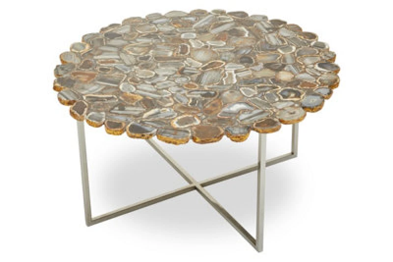 Image of Orsina Distinctive Agate Coffee Table With Cross Base, Modern Silver Finish Decorative Table,