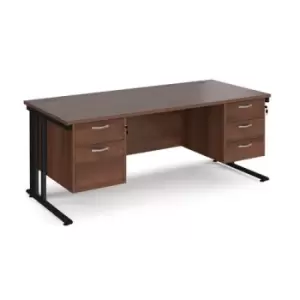 image of Office Desk Rectangular Desk 1800mm With Double Pedestal Walnut Top With Black Frame 800mm Depth Maestro 25 MCM18P23KW