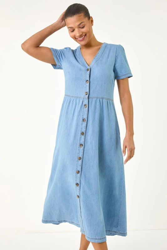 Image of Roman Womens Denim Button Through Midi Dress in Mid Blue Size: 20 Mid Blue Female 20
