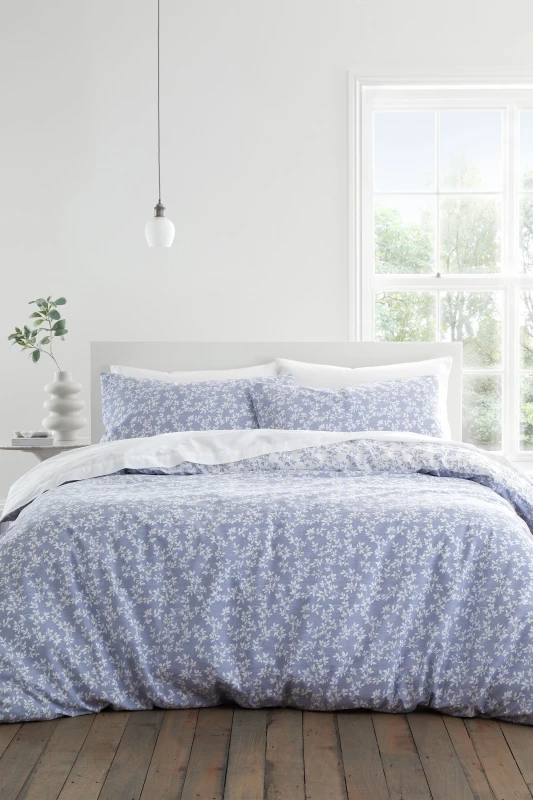 Image of Bianca 'Shadow Leaves' 200TC Cotton Duvet Cover Set in Blue Size: Super King Blue Unisex Super King