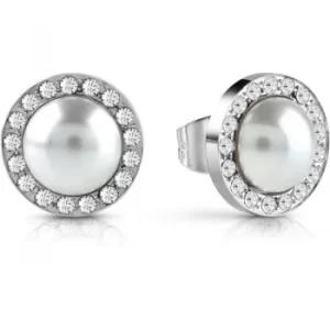 image of GUESS rhodium plated Swarovski pearl stud earrings with Swarovski pav crystal frame.