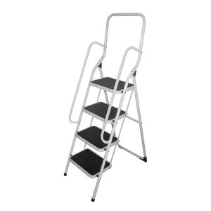 image of Metal Step Stool with Handrail 4 Step Folding Capacity 150KG White