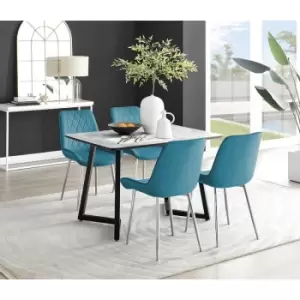 Image of Furniturebox Carson White Marble Effect Recatngular 120cm Dining Table & 4 Blue Pesaro Silver Leg Velvet Chairs