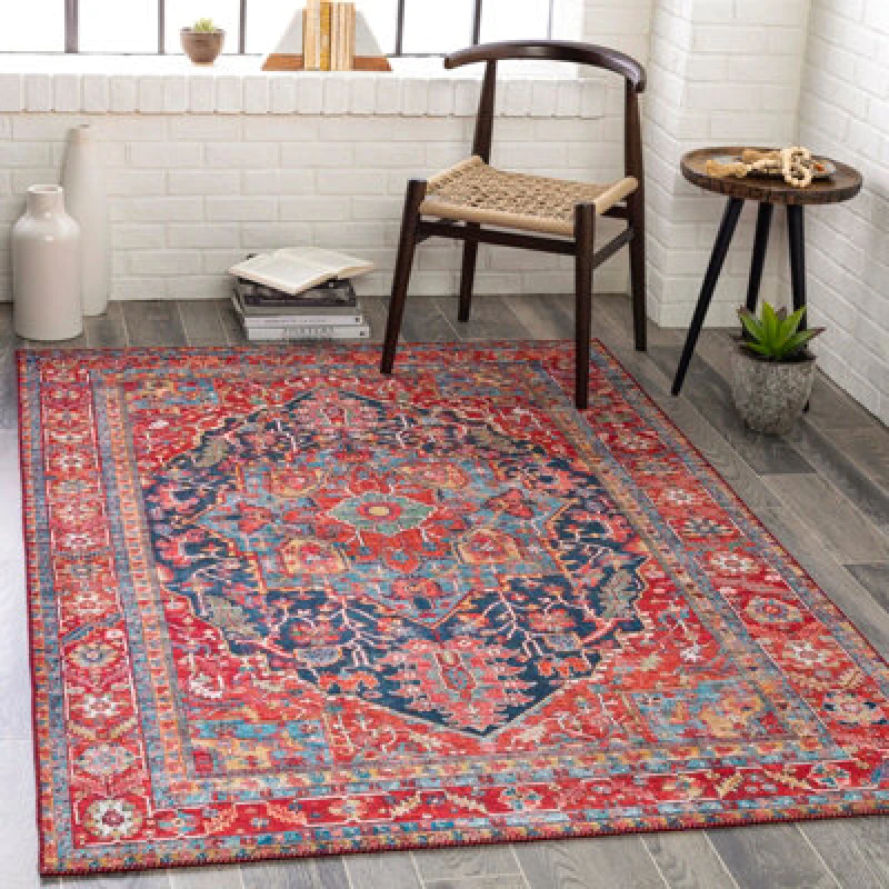 Image of Livabliss Vintage Oriental Boho Bright Red Loredana Area Rug 107 X 168cm - Easy Care, Non Shedding, Ideal For Living Room & Bedroom