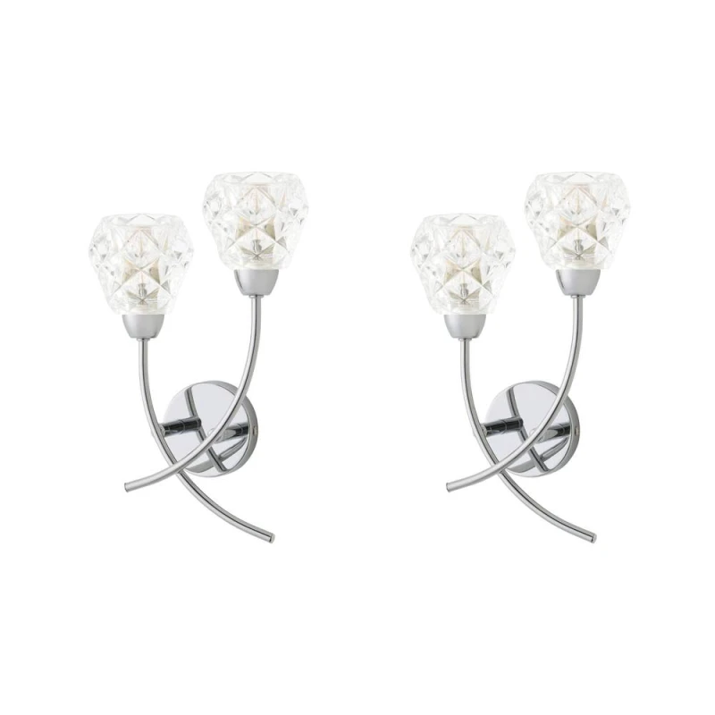 Image of ValueLights Astley Pair of Chrome 2 Way Crystal Shade Wall Lights & Bulbs in Metallic Silver Metallic Silver Unisex