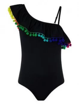 Image of Monsoon Girls Storm Pom Pom One Shoulder Swimsuit - Black