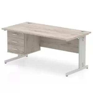 image of Impulse 1600 Rectangle Silver Cable Managed Leg Desk Grey Oak 1 x 3 Drawer Fixed Ped