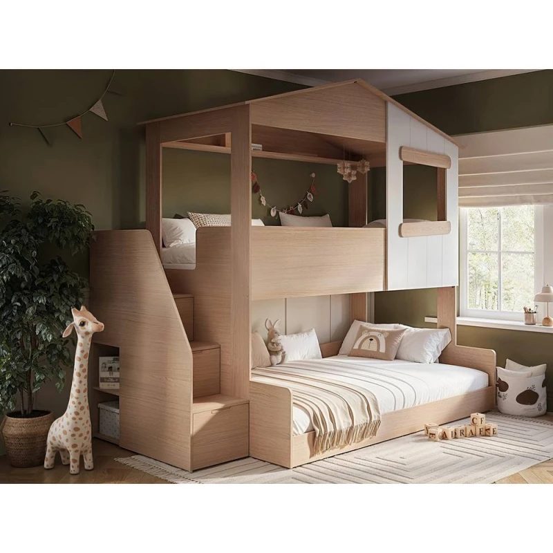 Image of Flair Dreamland House Triple Bunk Bed with Staircase in Light Oak Size: Small Double Light Oak Unisex Small Double