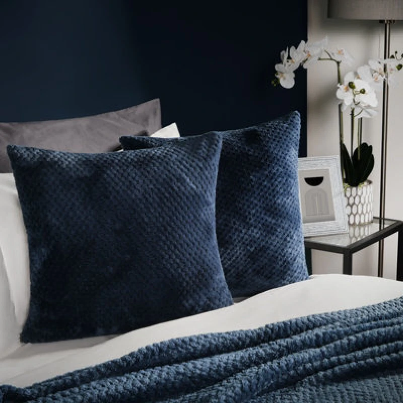Image of OHS OHS 2 Pack of Waffle Fleece Square Cushion Covers in Navy Size: 45cm x 45cm Navy 45cm x 45cm Unisex 5027434155842