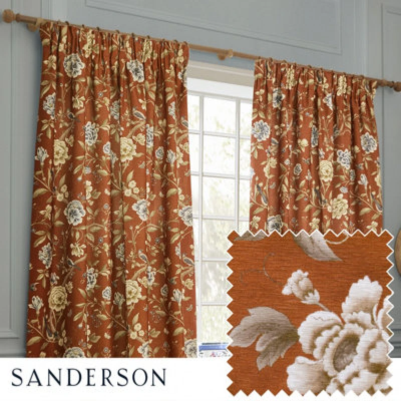Image of Sanderson Sanderson Porcelain Garden Printed Chenille Room Darkening Pencil Pleat Curtains in Burnt Orange Size: 117cm width x 137cm drop Burnt Oran