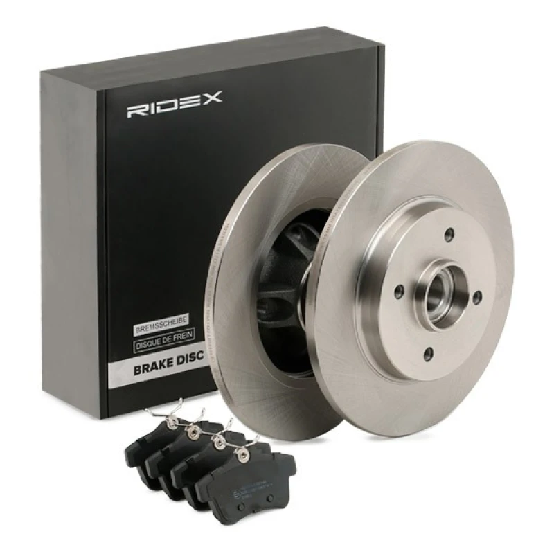 Image of RIDEX 3405B0427 Brake disc and pads set Rear Axle, Brake Disc Type: Solid, excl. wear warning contact Brake Set,disc brakes (3405)