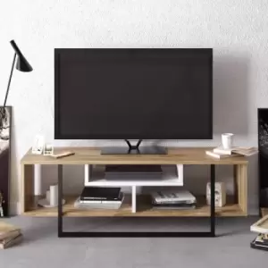 Image of Decorotika Asal 120 Cm Wide Modern TV Unit , industrial Metal TV Stand -Open Shelf Lowboard Up To 51 TVs - Oak Pattern , White Black
