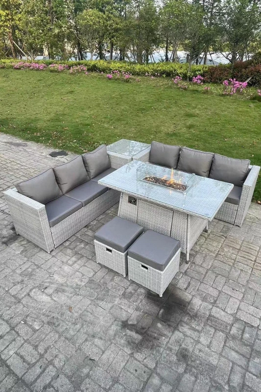 Image of Fimous Rattan FirePit Garden Furniture Set Gas Heater Burner Lounge Sofa Dining Table Side Coffee Table Light Grey
