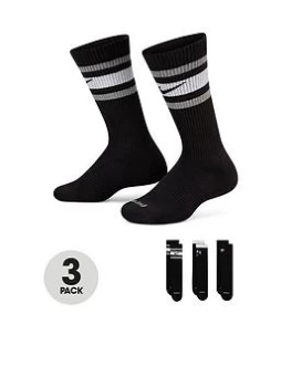 image of Boys, Nike Older Unisex 3 Pair Everyday Plus Crew Socks - Black, Multi, Size M=10-12 Years