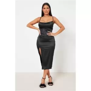 I Saw It First Black Stretch Satin Cowl Neck Side Split Midi Dress - Black