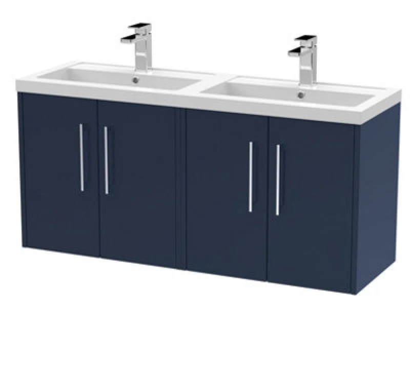 Image of Hudson Reed Juno 1200mm Wall Hung 4-Door Vanity Unit & Double Basin Rigid Soft-Close-Midnight Blue