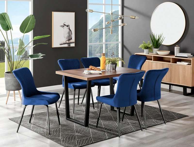 Image of FurnitureboxUK FurnitureboxUK Kylo Large Brown Wood Effect Dining Table & 6 Nora Black Leg Velvet Chairs in Blue Blue One Size Unisex 5056657171735