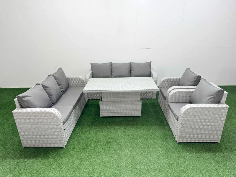 Image of Fimous PE Rattan High Back Lounge Sofa Set Patio Adjustable Lifting Dining or Coffee Table & Chairs Set with 3 Seater Sofa Reclining Chair Light Grey