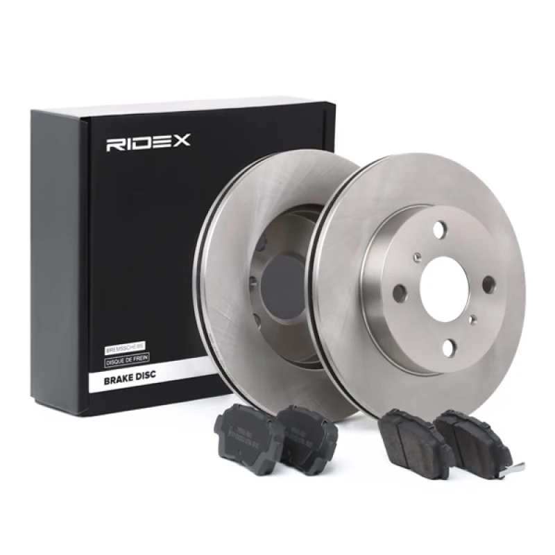 Image of RIDEX 3405B0260 Brake disc and pads set Front Axle, Brake Disc Type: Vented, incl. wear warning contact Brake Set,disc brakes (3405)