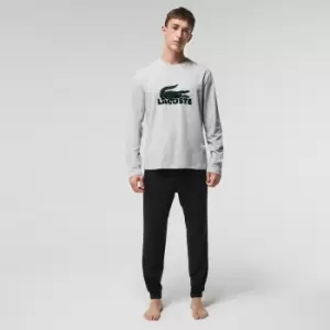 Image of Lacoste Mens Velvet Logo Long Pyjama Set Size 3 - S Navy Blue / Grey Chine / Green
