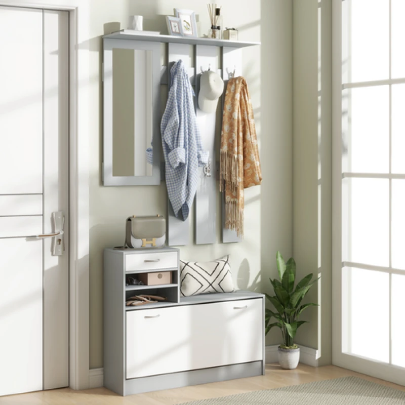 Image of HOMCOM HOMCOM Hallway Furniture Set with Shoe Cabinet, Coat Rack and Mirror, Grey in Dark Grey Dark Grey One Size Unisex 5063603022126