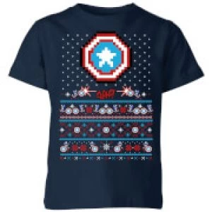 Image of Marvel Avengers Captain America Pixel Art Kids Christmas T-Shirt - Navy - 11-12 Years