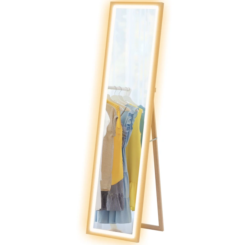 Image of HOMCOM Dimming Full Length Mirror w/ Lights Standing Leaning Wall Mount Oak Light Oak