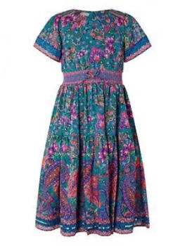 image of Monsoon Girls S.e.w Paisley Print Midi Dress - Teal, Size 3 Years, Women