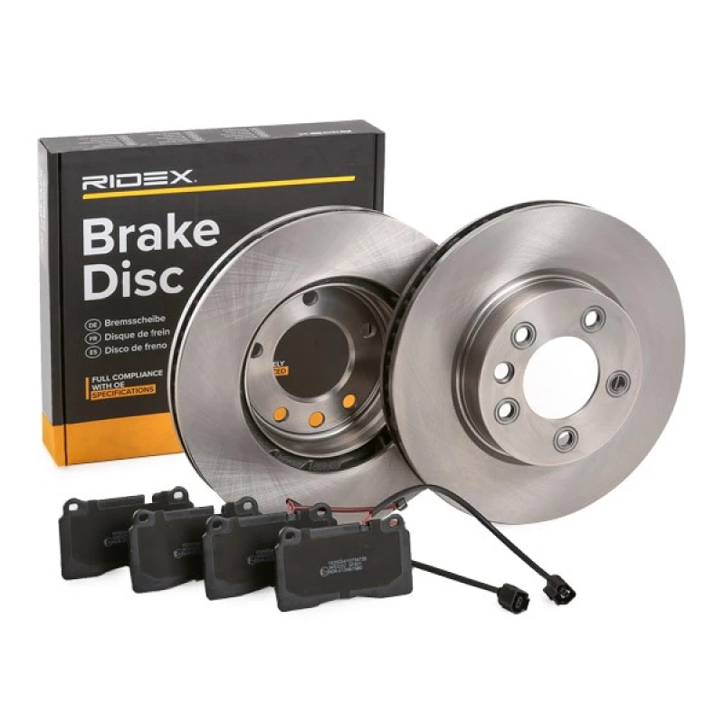 Image of RIDEX 3405B0396 Brake disc and pads set Front Axle, Brake Disc Type: Vented, prepared for wear warning indicator, with anti-squeak plate Brake Set,di