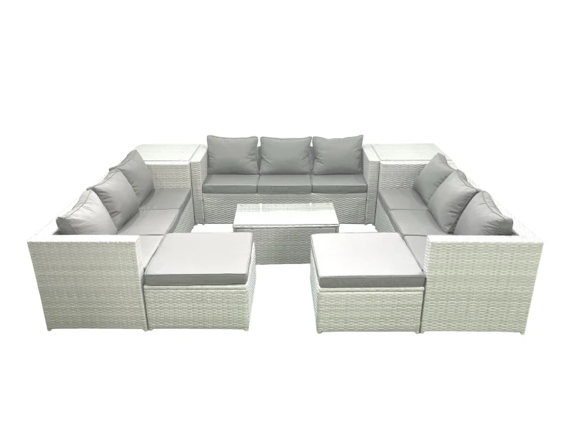 Image of Fimous Rattan Garden Outdoor Furniture Set 11 Seater Garden Sofa Coffee Table Set with 2 Big Footstools 2 Side Tables Light Grey Mixed Light Grey