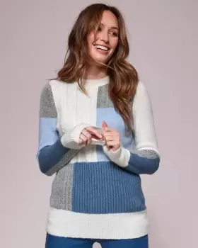 image of Cotton Traders Womens Patchwork Crew Neck Jumper in Blue