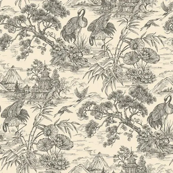 Image of HOLDEN DECOR Holden Decor - Crane Lagoon Cream Charcoal Wallpaper Floral Metallic Feature Wall WL-13731