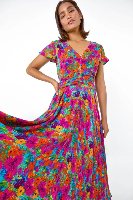 Image of Roman Floral Ruched Waist Midi Dress Fuchsia female