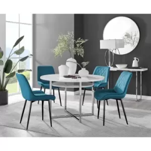 Image of Furniturebox Adley White High Gloss 120cm Storage Dining Table & 4 Blue Pesaro Black Leg Velvet Chairs