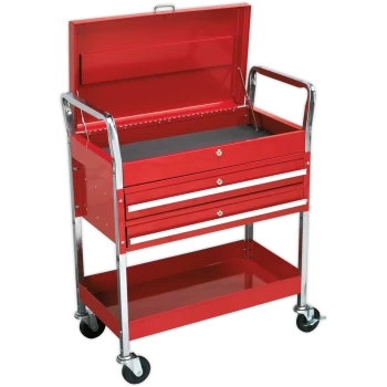 image of Sealey Heavy Duty 2 Shelf Workshop Trolley with Lockable Top Red