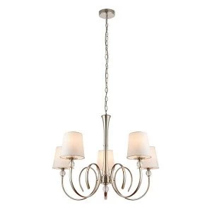 Image of 5 Light Multi Arm Shade Pendant Polished Nickel Plate, Vintage White Silk, E14