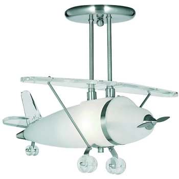 image of Searchlight Novelty - 1 Light Novelty Aeroplane Semi Flush Ceiling Light Satin Silver and Glass, E27