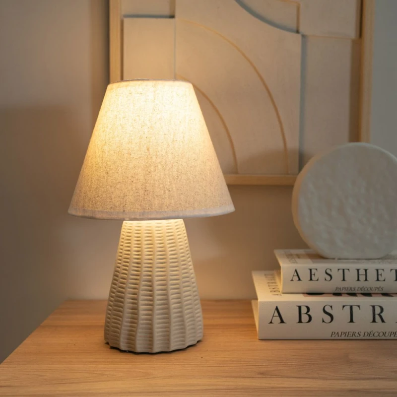 Image of ValueLights Saskia Pair Natural Ceramic Table Lamps with Tapered Lamp Shades and LED Bulbs Cream