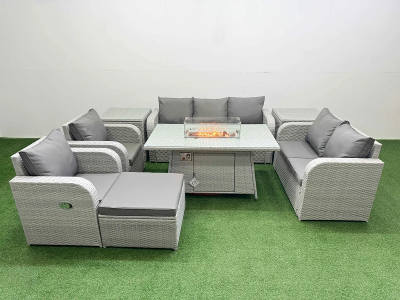 Image of Fimous PE Rattan Garden Furniture Set Reclining Chair Sofa Double Love Seat 2 Seater Sofa Lounge Set Firepit Dining Table Big Footstool 2 Side Table L