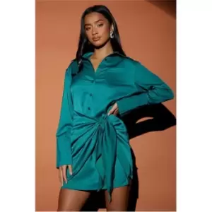 image of I Saw It First Emerald Green Petite Tie Detail Satin Shirt Dress - Green